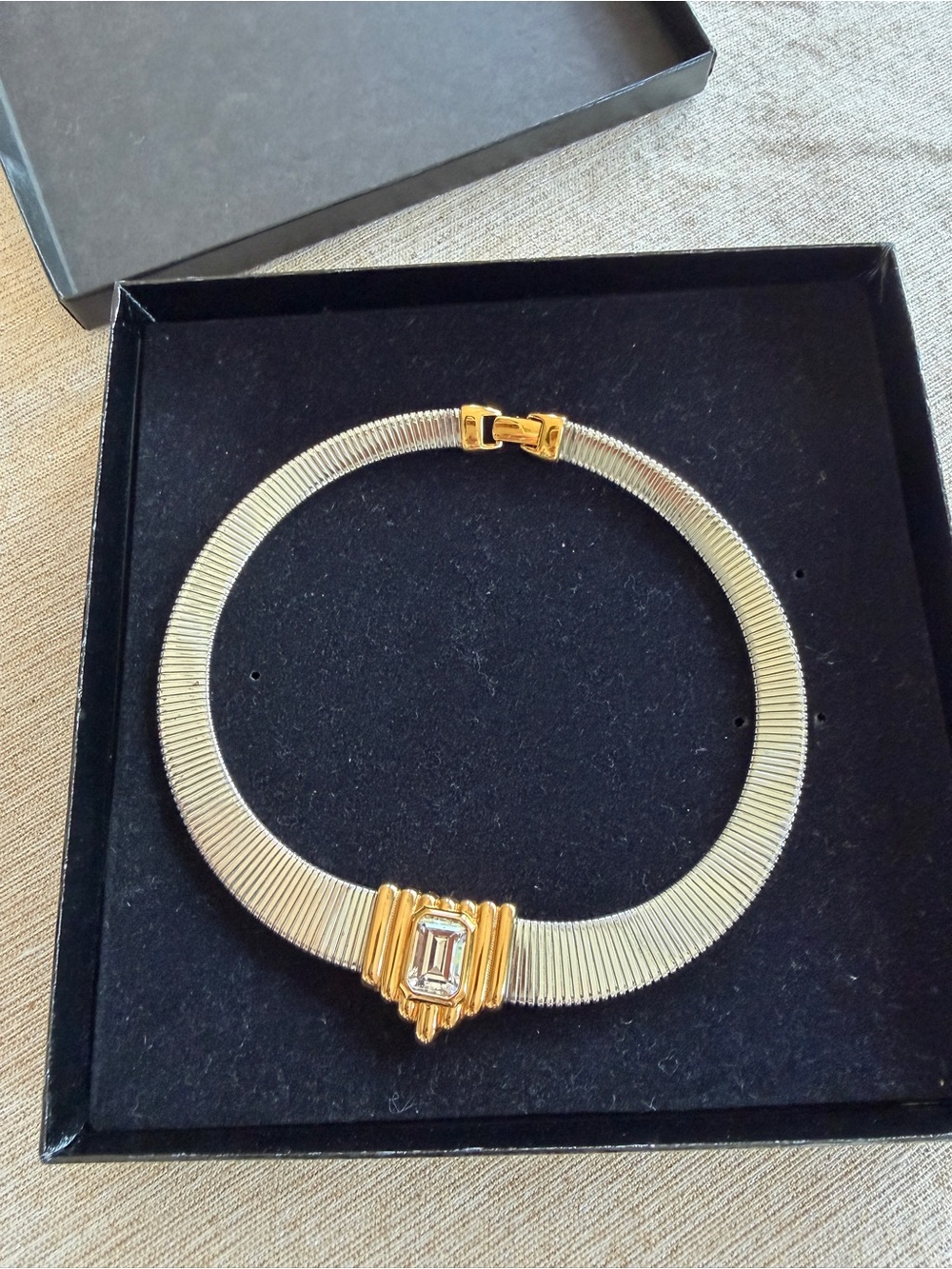 Two-Tone Gold and Silver Collar Necklace with Baguette Accent
